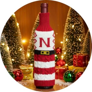 Imagem de Suéter de Natal para garrafa de vinho com letra A – Z, garrafas de manga de malha, decoração de mesa, reutilizável, roupa de garrafa estilo Papai Noel