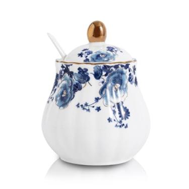 Imagem de Agyiuns Açucareiro de cerâmica com tampa e colher de 293 ml, recipiente de açúcar, recipiente de açúcar, acessórios de barra de café, recipientes de bancada de cozinha (branco com flor azul)