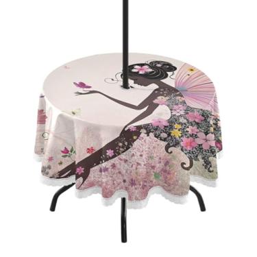 Imagem de Qilmy Toalha de mesa redonda impermeável Flower Fairy de 152 cm com orifício para guarda-chuva e zíper – uso externo / interno resistente para pátio, churrascos, piqueniques, festas (serve para mesas