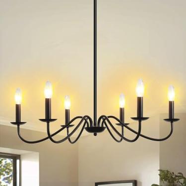 Imagem de Lustre moderno de 6 luzes para casa de fazenda, luminárias suspensas de metal preto de 71 cm, ajustável em altura de 40 a 101 cm, luminária pendente de estilo vela montada no teto, para sala de jantar