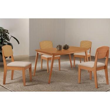 Imagem de Sala Jantar Mesa Havana Tampo Curvo 120cm+4 Cadeiras Havana Naturale - Suede Creme - Rufato