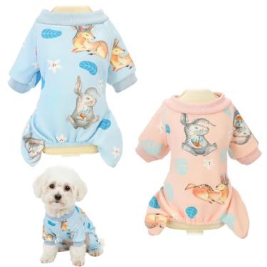 Imagem de 2 pijamas para cães pequenos, pijamas para cães pequenos, meninas, roupas quentes de inverno, design de veado azul e cervo rosa, M