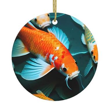 Imagem de Hd Koi Fish Print Christmas Ceramic Hanging Round Hanging, pingentes de porcelana, decoração criativa de Natal