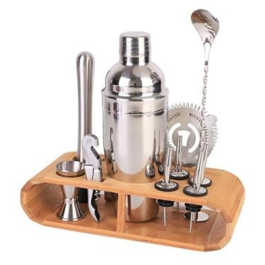 Imagem de Kit Coqueteleira Bar Profissional Inox 12 Peças 550 ml Conjunto Barman para Cocktails Caipirinha Drinks Suporte de Madeira Festas Premium