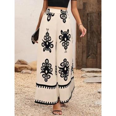 Imagem de Calças femininas de perna larga com estampa bege e preta - Calças boho de cintura alta, Branco leitoso, Large