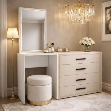 Imagem de Cômoda Penteadeira 4 Gavetas Valência Creme/Branco