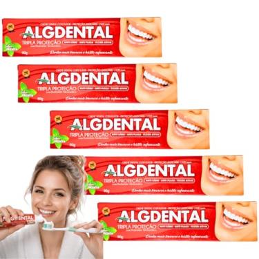 Imagem de Creme Dental AlgDental 90g– Branqueador e Refrescante com Flúor, Cálcio e Bicarbonato | Previne Cáries, Protege o Esmalte e Garante Hálito Fresco | 90g – ALGSUN | Kit com 5 Unidades