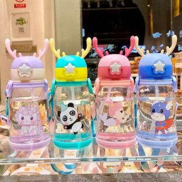 Imagem de Garrafa Infantil 600ml Com Chifres e Canudo Antivazamento Para Escola 