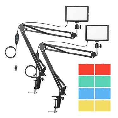 Imagem de Qudai Kit de iluminação de videoconferência USB de mesa com 2 * luz de vídeo LED 3200K-5600K regulável + 2 * suporte de luz de metal para montagem em mesa + 2 * cabeça esférica rotativa de 360 ° + BD
