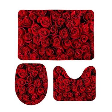 Imagem de Conjunto de 3 peças de tapetes de banheiro My Daily Rosas vermelhas florais em forma de U e capa de tampa, tapete de banho antiderrapante