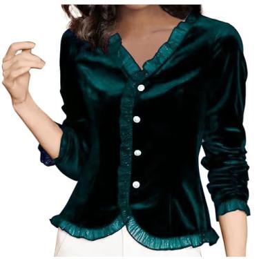 Imagem de Tops femininos outono inverno manga curta gola V veludo elegante franzido blusas camisas femininas 2024, C-941 Verde limão, XG