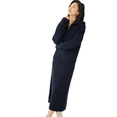Imagem de Saia feminina tricotada inverno lapela manga longa suéter dividido midi saia elegante malha, Azul marinho, P