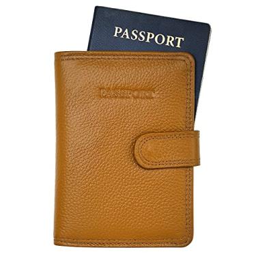 Imagem de Steeltime Porta-passaporte de couro clássico com proteção RFID + carteira com porta-cartão de vacina para viagens, Marrom claro, Porta-passaporte