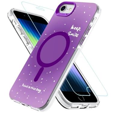 Imagem de BESINPO Capa magnética para iPhone SE 2022/SE 2020/8/7 capa de 4,7 polegadas com protetor de tela de vidro, [compatível com MagSafe], linda estampa Keep Smile capa à prova de choque, roxa