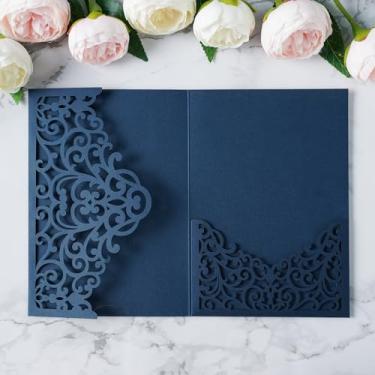 Imagem de ponatia 20 peças de bolsos de convites de casamento com corte a laser azul marinho, bolsos de convite com corte a laser de 13 x 17 cm para chá de panela de casamento, 15 anos, convite (sem envelopes e