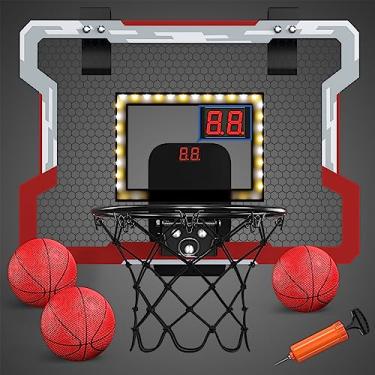 Imagem de Minicesta de basquete QDRAGON Com placar/luz LED, brilha no escuro, para cima da porta, cesta de basquete interna, presentes de brinquedo para crianças/adultos/meninos/meninas, vermelha