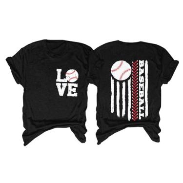 Imagem de Camiseta feminina de beisebol PKDong Love com estampa da bandeira americana com letras fofas camisetas de beisebol de manga curta para mulheres, Preto, P