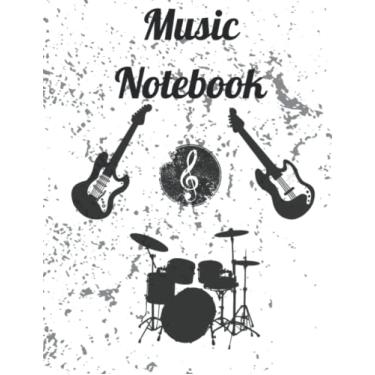 Imagem de Caderno de música: Caderno pautado universitário colorido preto e branco com guitarras e bateria na capa e notas musicais na parte de trás | Escola, escrita | Páginas forradas Caderno de bolso