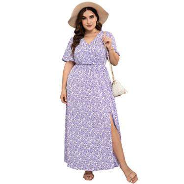 Imagem de KOJOOIN Vestido longo feminino plus size com mangas esvoaçantes, cintura império, fenda lateral, evasê, vestido casual, Flor roxa, 4G