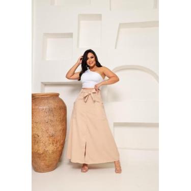 Imagem de Saia Longa com Corte Evasê - Estilo e Conforto Vilma Valentti, Bege