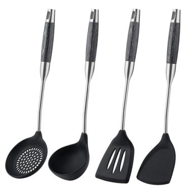 Imagem de FJNATINH Espátula de silicone para wok, espátula, concha, escumadeira, ferramentas de wok de aço inoxidável, utensílio wok, antiaderente, resistente ao calor, utensílios de cozinha sem BPA (aço