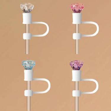 Imagem de 4 peças de capas de palha de diamante 10 mm tampa de cobertura de palha para copo Stanley, topo de palha de silicone em forma de diamante, capas de ponta de canudo reutilizáveis, rosa, roxo, azul,