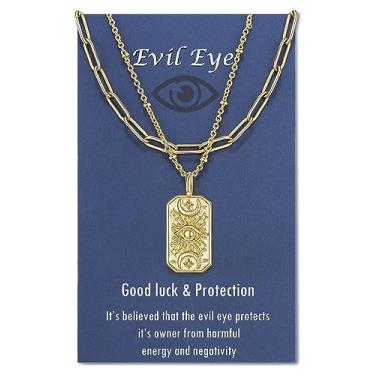 Imagem de Tarsus Colar com pingente de estrela da lua em ouro 14 K com pingente de olho do mal, medalhão, clipe de papel, gargantilha, joia em camadas para mulheres e meninas Dourado