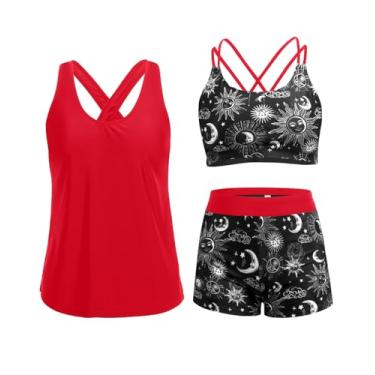 Imagem de Holipick Tanquíni feminino de 3 peças, controle de barriga, regata com sutiã, shorts para meninos e adolescentes, Sol e Lua, M