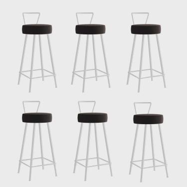 Imagem de Kit 06 Banqueta Alta Com Encosto Tais Eiffel Cozinha Bar Bistrô Ferro Branco Suede Marrom - Ahz Móveis