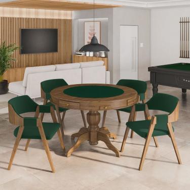 Imagem de Conjunto Mesa de Jogos Carteado Bellagio Tampo Reversível e 4 Cadeiras Madeira Poker Base Estrela Veludo Verde/Nogueira G42 - Gran Belo