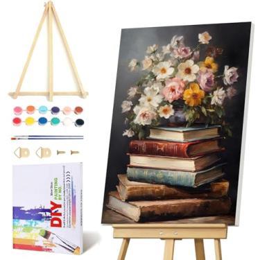 Imagem de VIGEGU Kit de pintura de flores de livro por números para adultos com moldura - Pintura por número com cavalete de madeira DIY Nice Box Pintura a óleo acrílica, para decoração de parede 20 x 30 cm