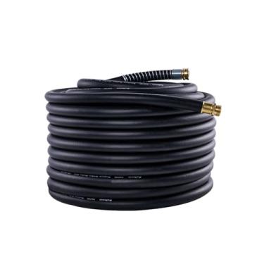 Imagem de Guitrees Mangueira de jardim 150FT x 3/10.2 cm, mangueira de borracha resistente, mangueira de água com trança de cinco camadas, conexões macho fêmea, explosão de 1000 psi (preta)