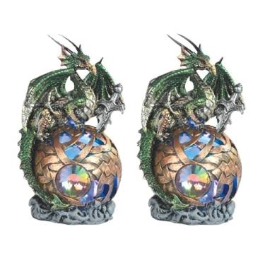 Imagem de ICE ARMOR Conjunto de 2 peças de dragão verde de 15,2 cm H com esferas de LED iluminadas, estatuetas de estatueta de estátua de decoração de sala de casa, escritório ideias para inauguração de casa,
