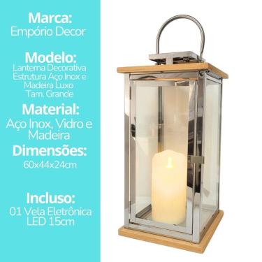 Imagem de Lanterna Decorativa Iluminada Inox e Madeira Grande 60cm com Vela LED - Empório Decor