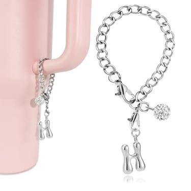 Imagem de LUHOHI Berloques com letras de bolhas prateadas para acessórios Stanley Cup - Pingente bonito com inicial estética de designer para garrafa de água, copos de água, alça de hidrojarra, pulseiras de