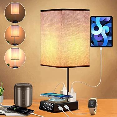Imagem de Mindore Abajur De Cabeceira Com Portas Usb E Tomadas Ca, Relógio Mesa Carregador Sem Fio 15 W, Luminárias 3 Vias Reguláveis Para Quarto Sala Estar, Estação Carregamento Por Toque, Cinza Base Preta