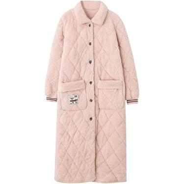 Imagem de Quente Confortável Leve Feminino Manga Comprida Em Torno Do Pescoço Tipo Botão Cardigan Coral Velo Três Camadas Acolchoado Acolchoado Pijamas Roupão De Banho, Light pink, XXL