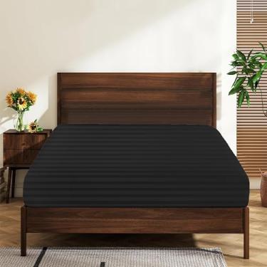 Imagem de Lençóis California King 100% algodão egípcio 600 fios 40,6 cm com bolso profundo, ultramacio hotel luxuoso, durável, respirável e confortável (1 lençol com elástico Cal King, listrado preto)