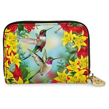 Imagem de Carteira com zíper com proteção RFID - beija-flores com flores vermelhas e amarelas