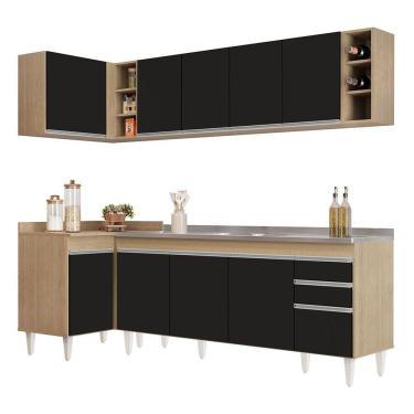 Imagem de Armário De Cozinha Modulado De Canto Direito 5 Peças Cp45 Com Pia Inox Castanho-preto