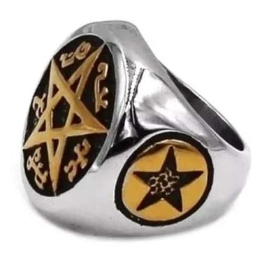 Imagem de Anel Aço Inox Pentagrama Salomão Crowley Supernatural Wicca (prteado, 20/21/22)