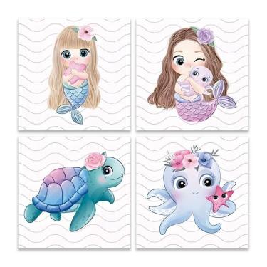 Imagem de Kit 4 Quadros Sereia Infantil Quarto Menina Placas Mdf
