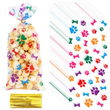 Imagem de eowqeiur 50 peças de plástico colorido sacos de guloseimas de celofane de pata de cachorro com laços Goodie Candy Cookie Goody Sacos de presente transparentes para chá de bebê, animal de estimação