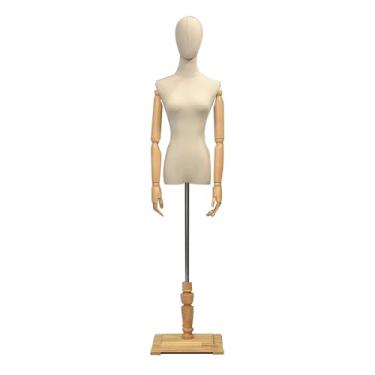 Imagem de Mannequin Manequim feminino com estrutura de metal e base de madeira maciça, manequim de exposição ajustável de 47-72"(Wood color,Small)