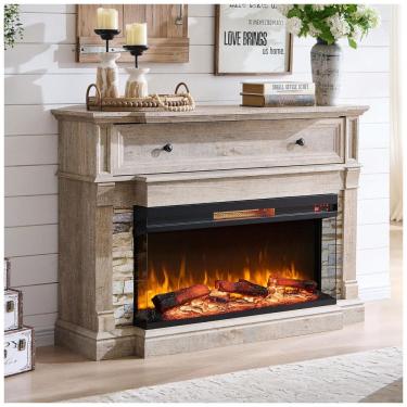 Imagem de Lareira Elétrica OKD 132,08 cm com Manto, Suporte para TV com Aquecedor Lareira Autônomo com Vidro, 3 Lados para TVs