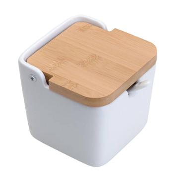 Imagem de Saleiro Em Cerâmica Tradicional Tampa Bambu E Colher 10,5Cm