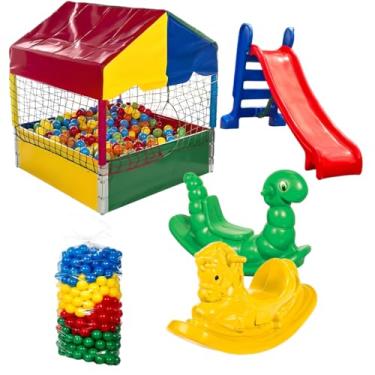 Imagem de Kit de Brinquedos com Piscina de Bolinhas 1,00m com 500 Bolinhas Escorregador Medio com Gangorra 1 Lugar