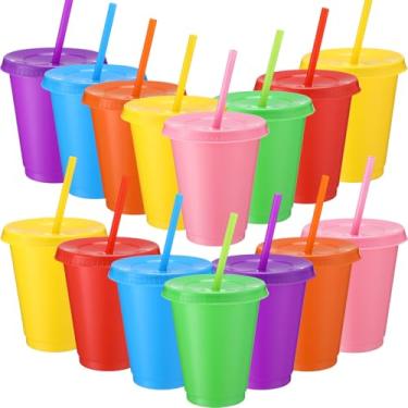 Imagem de Sieral Copos com canudos e tampas copo infantil com canudo garrafa de água reutilizável café gelado caneca de viagem copos de plástico para festas 473 ml (cores clássicas, pacote com 15)