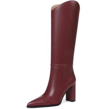 Imagem de SaraIris Botas femininas pretas na altura do joelho, cano largo, salto alto, bico fino, confortável, casual, 1 PU bordô, 40