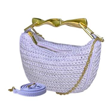 Imagem de Sacolas de palha para mulheres, bolsas transversais de tecido, feitas à mão, bolsas de ombro modernas, bolsas de ombro com duas alças, Roxa